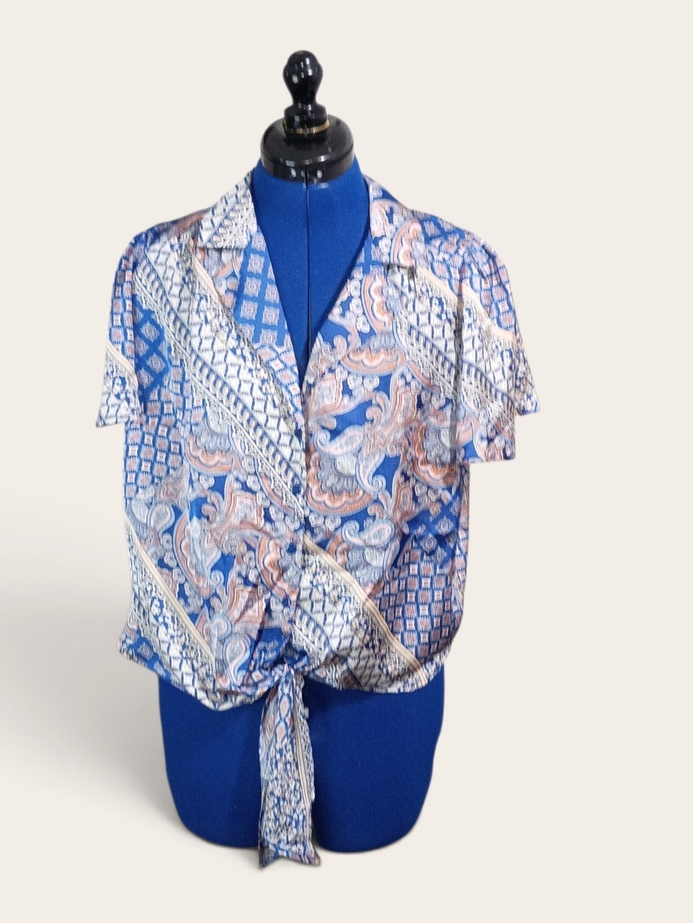 Blue Paisley Tie-Front Women's Blouse